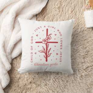 Coussin Christian girl Jesus cite floral preppy rouge rose