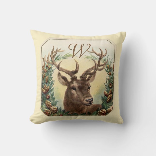 Coussin CHRISTMAS DEER, PINE CROWN MONOGRAM Crème (Recto)
