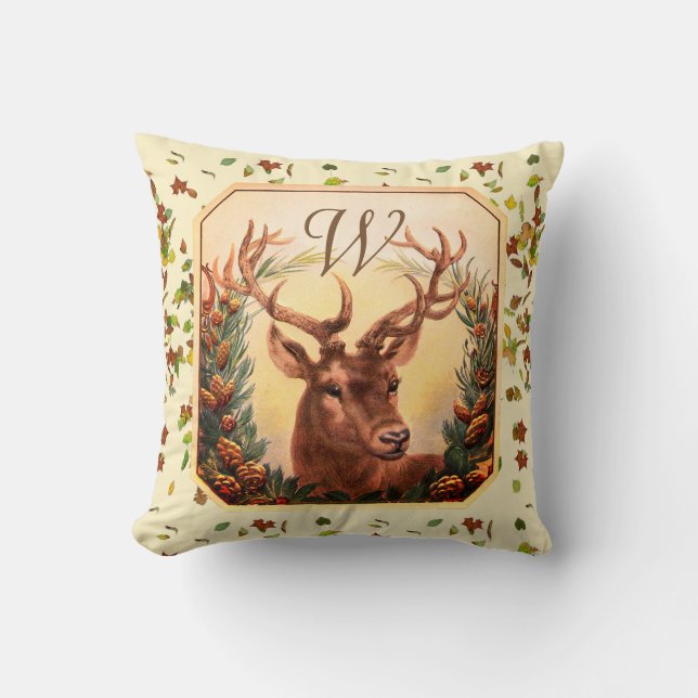 Coussin CHRISTMAS DEER, PINE CROWN MONOGRAM Crème (Recto)