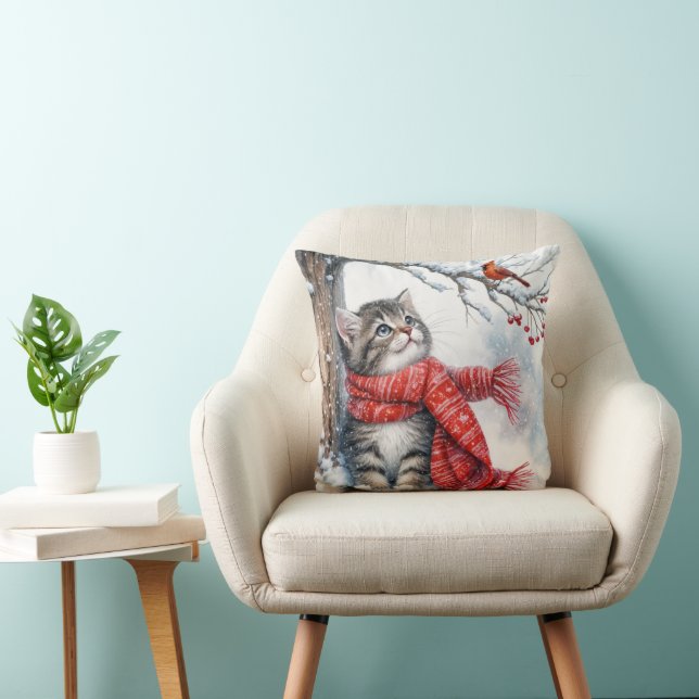 Coussin Christmas Kitty Regarder un cardinal (Chaise)