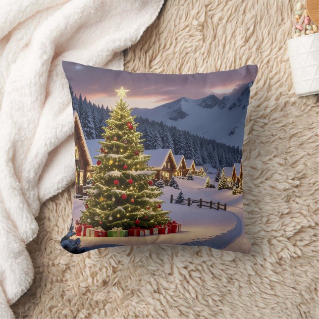 Coussin Christmas lights landscape with snow (Couverture)