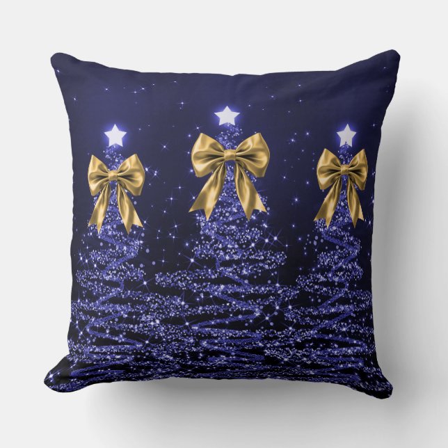 Coussin Christmas Sparkling Trees Navy Faux Gold Bow  (Recto)