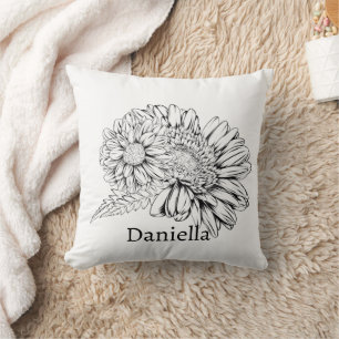 Coussin Chrysanthème Dessin à la ligne noire avec votre no