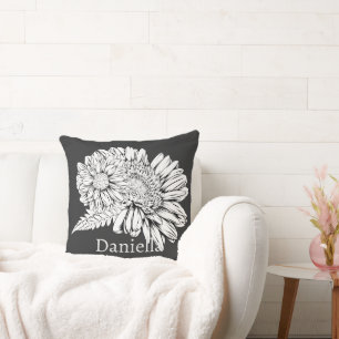 Coussin Chrysanthème Dessin à la Ligne Noire avec Votre No