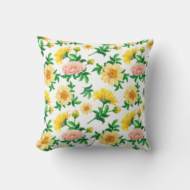 Coussin Chrysanthèmes aquarelle. Fleurs jaunes avec gre (Recto)