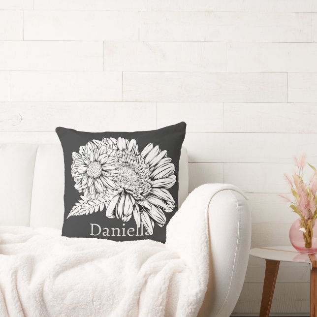 Coussin Chrysanthemum Black Line Drawing with Your Name  (Canapé)