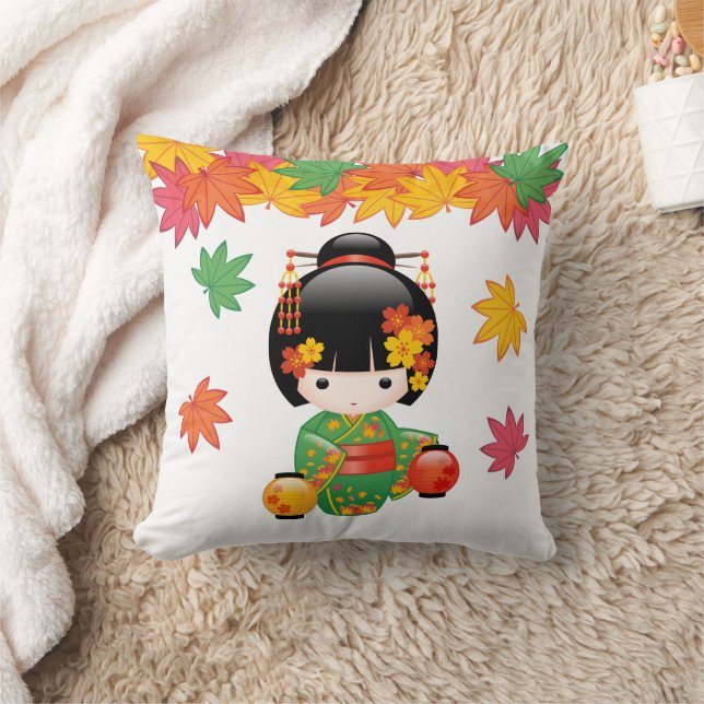 Coussin Chute Poupée Kokeshi - Green Kimono Geisha Girl (Couverture)