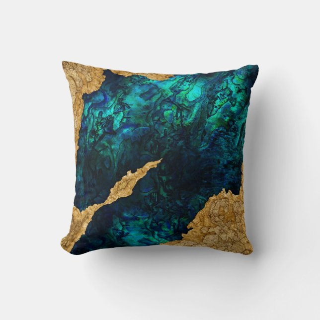 Coussin Ciment bleu et or Abalone Mélange média abstrait (Recto)
