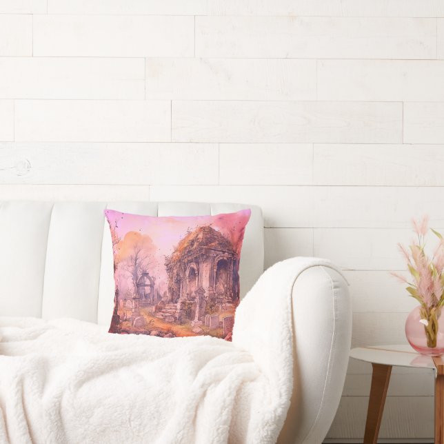 Coussin Cimetière déplaisant et Éffrayant Halloween rose (Canapé)