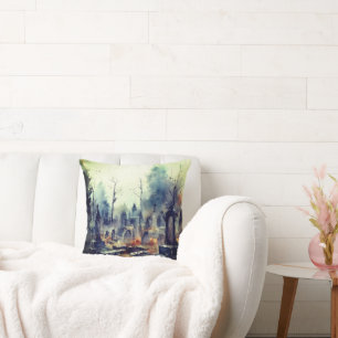Coussin Cimetière déplaisant et Éffrayant Halloween vert