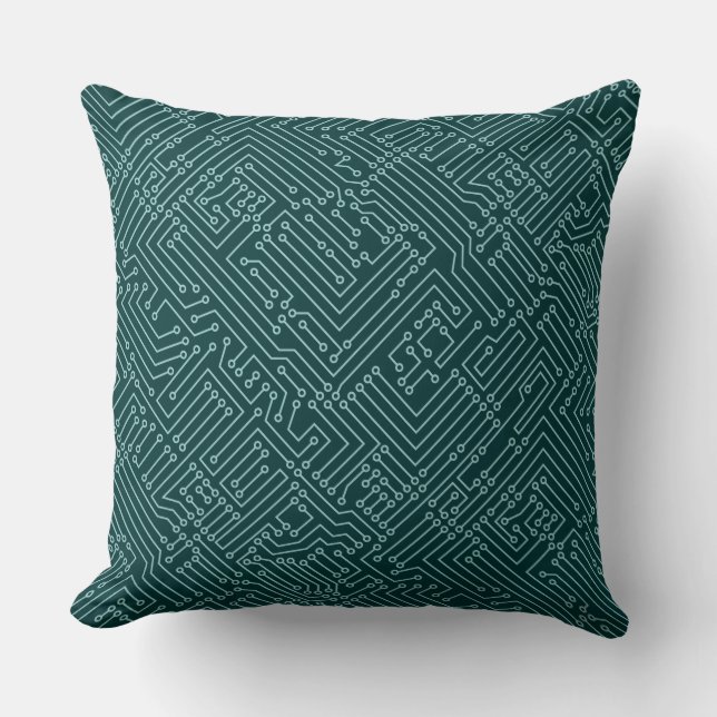 Coussin Circuitry - Bleu clair vert sur vert mousse foncé (Recto)
