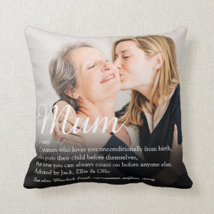 Coussin Citation de définition de maman écriture élégante 