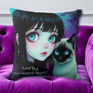 Coussin Citation de fille anime et chat siamois