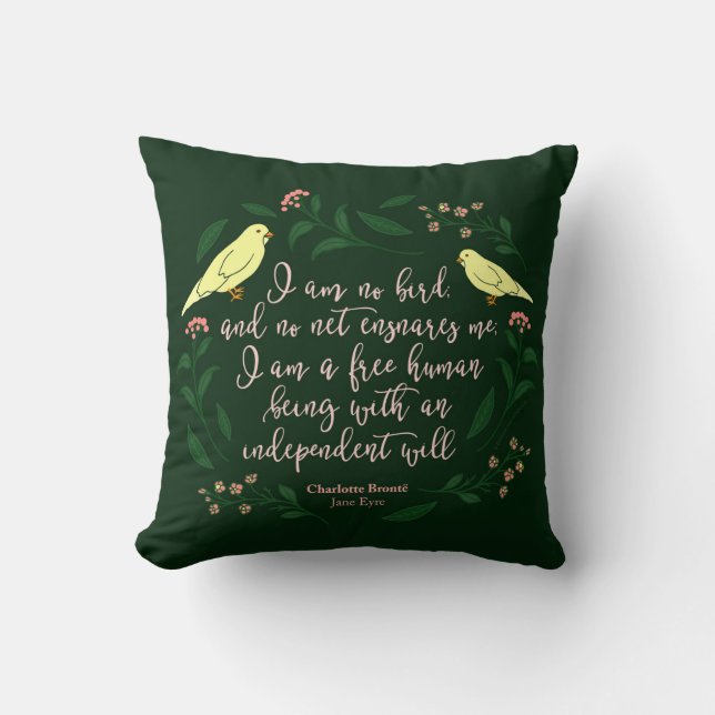 Coussin Citation florale verte Jane Eyre Charlotte Bronte (Recto)