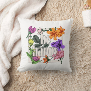 Coussin Citation positive Be Happy and garden flowers