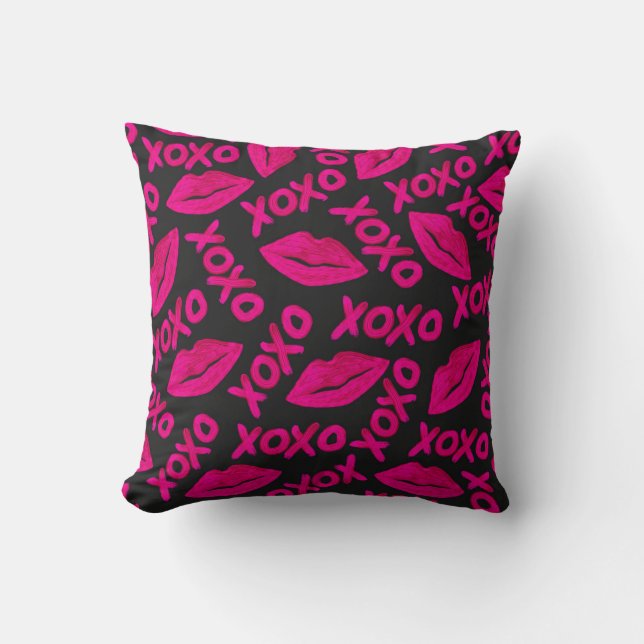 Coussin Citation XOXO noir Neon rose lèvres Motif (Recto)