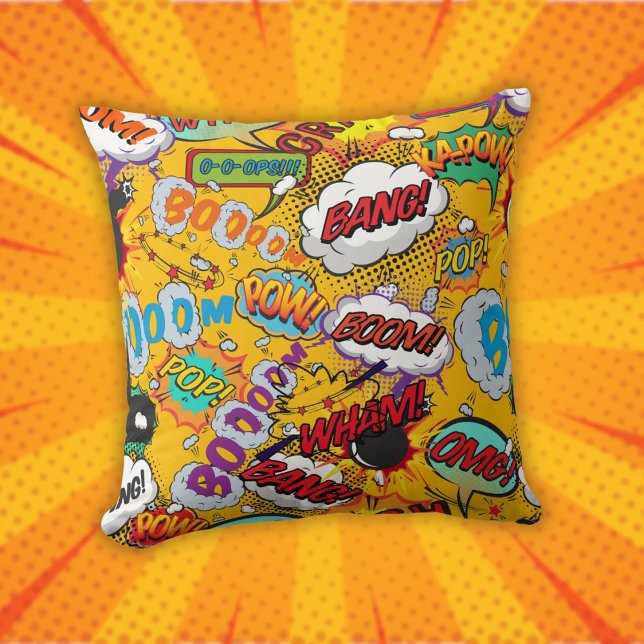 Coussin Citations de bande dessinée rétro amusantes dans l (Fun Retro Comic Book Pop Art Shout Outs Throw Pillow)