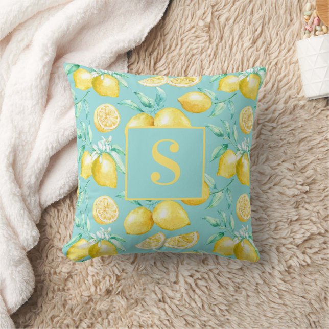 Coussin Citron jaune mignon Motif sur Monogramme bleu clai (Couverture)