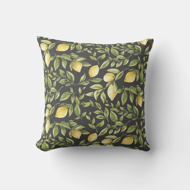 Coussin Citrons et Feuilles | gris charbon | Été brillant (Recto)
