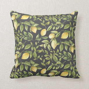 Coussin Citrons et Feuilles   gris charbon   Été brillant