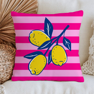 Coussin Citrons jaunes sur rayures roses Fruit Citrique Ré