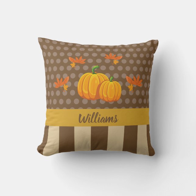 Coussin Citrouille à pois d'automne avec nom de famille (Recto)