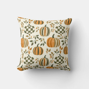 Coussin Citrouille Carreaux Automne Rayures Orange Vert