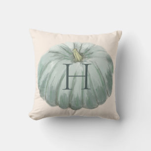 Coussin Citrouille de l'automne monogramme bleu et ivoire