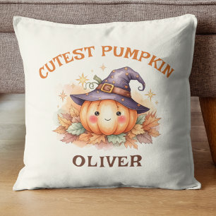 Coussin Citrouille de sorcière mignonne avec feuilles d'au