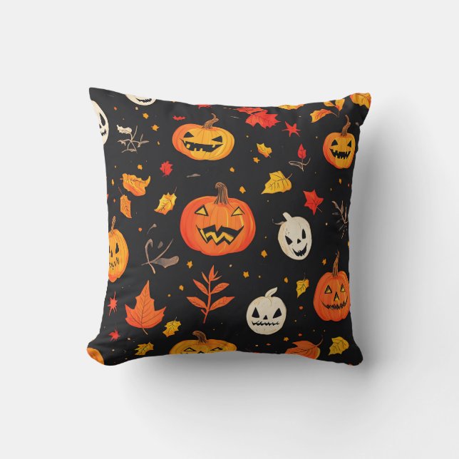 Coussin Citrouille d'Halloween amusant et Feuilles Imprime (Recto)