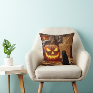 Coussin Citrouille et chat d'Halloween dans une grange