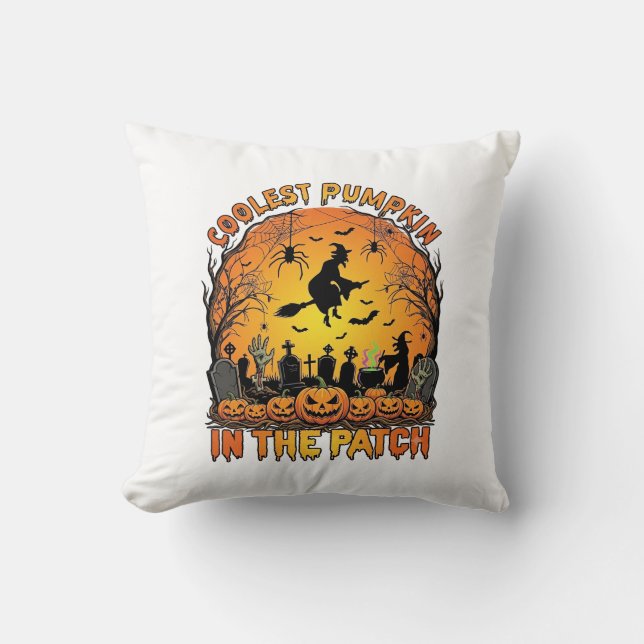 Coussin Citrouille le plus cool Patch Halloween Sorcière A (Recto)
