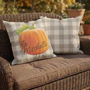 Coussin Citrouille personnalisée motif gingham automne bei