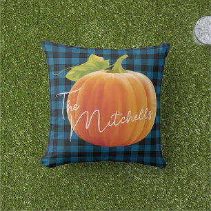 Coussin Citrouille personnalisée sur motif à carreaux bleu