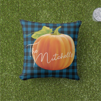 Coussin Citrouille personnalisée sur motif à carreaux bleu
