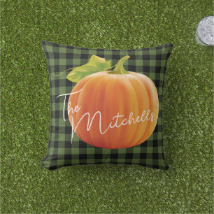 Coussin Citrouille personnalisée sur motif à carreaux vert