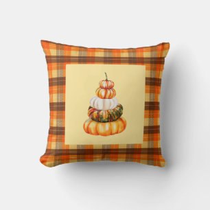 Coussin Citrouilles de ferme d'automne et carreaux marron 