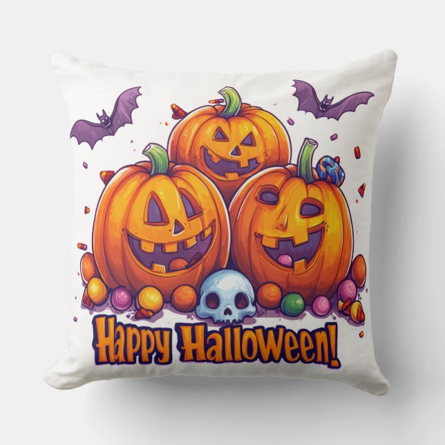 Coussin Citrouilles Halloween mignonnes 🎃 et bonbons colo (Recto)