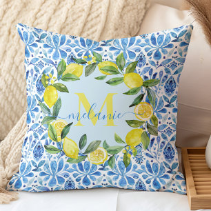 Coussin Citrus Italien & Carreaux Bleus Nom personnalisé M
