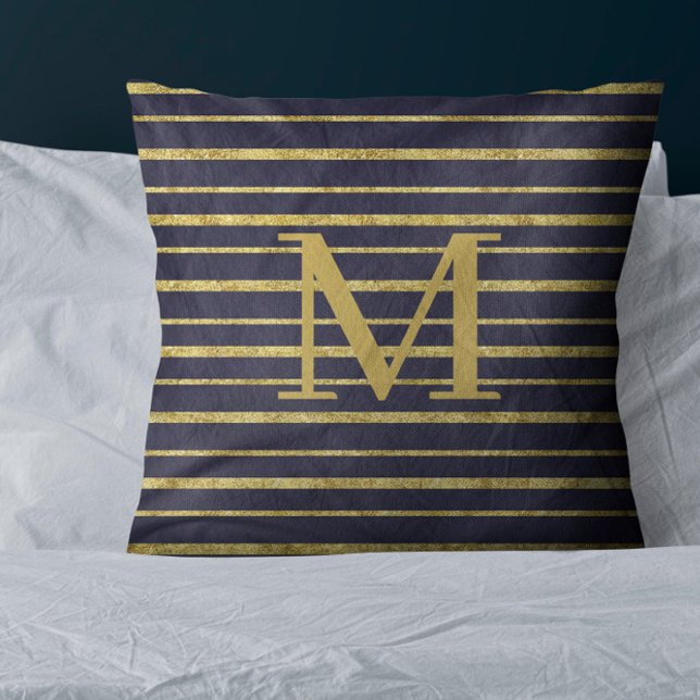 Coussin Classic Bleu Or rayé Monogramme (Créateur téléchargé)