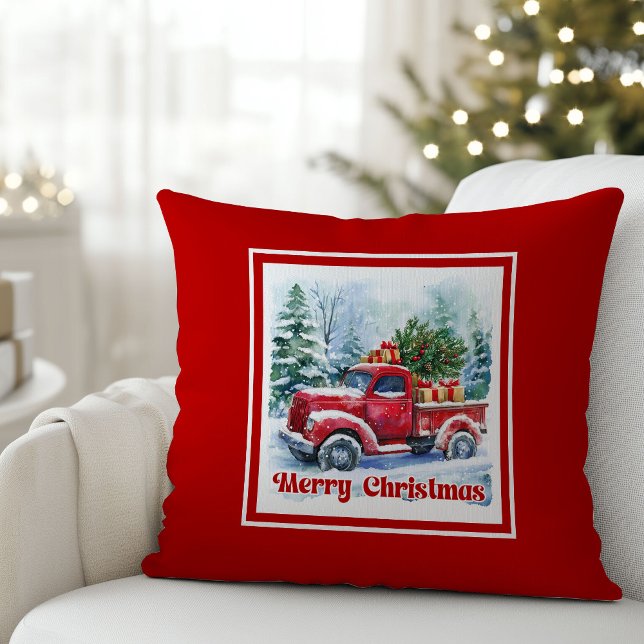 Coussin Classic red truck Christmas scene rustic holiday  (Bring timeless holiday charm into your home with this beautifully illustrated watercolor Christmas r)