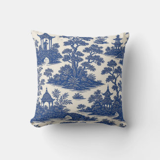 Coussin Classique motif toile de chinoiserie bleu et blanc