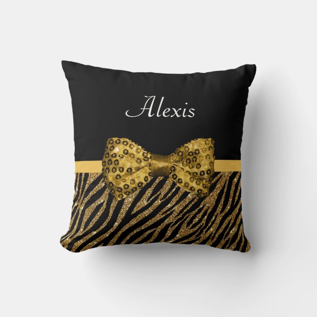 Coussin Classy Gold Zebra Print FAUX Glitz Bow avec nom (Recto)