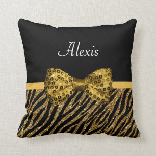 Coussin Classy Gold Zebra Print FAUX Glitz Bow avec nom