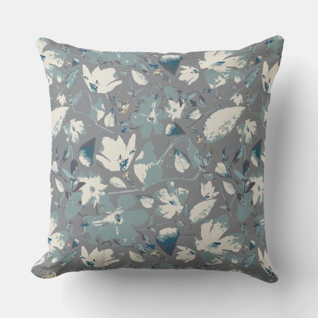 Coussin  Clematis Vine Gris Bleu Crème Aquarelle Florale (Recto)