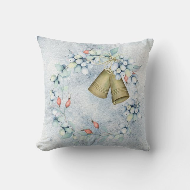 Coussin Cloches de Noël Bleu Élégant Vintage rustique (Recto)