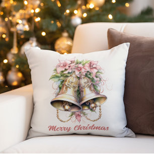 Coussin Cloches de Noël en or Fleurs roses 