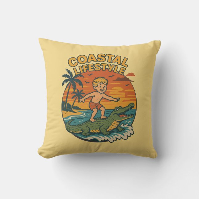 Coussin Coastal Lifestyle Gator Surfing - Retro Surf Beach (Recto)