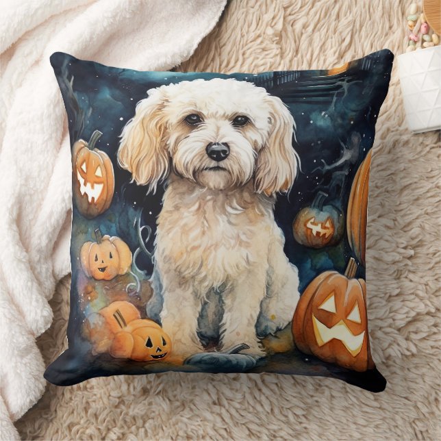 Coussin Cockapou d'Halloween avec la peur Citrouille (Couverture)