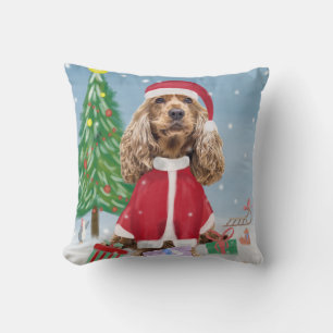 Coussin Cocker Spaniel Chien en neige avec cadeaux de Noël